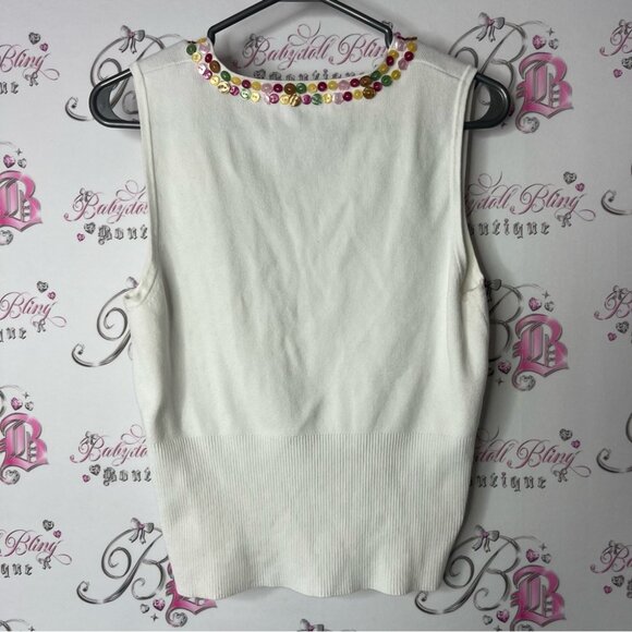Tank top button multicolor Embellished White Sleeveless Top stretchy ribbed - Picture 3 of 5